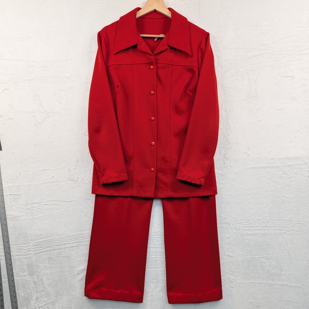 VTG Leisure Suit Women's Large Red Two Piece Retro Disco Mod Knit Polyester 70s